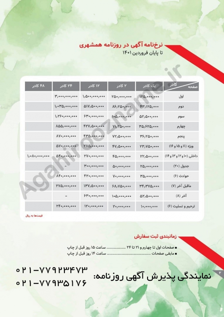 تعرفه آگهی روزنامه همشهری