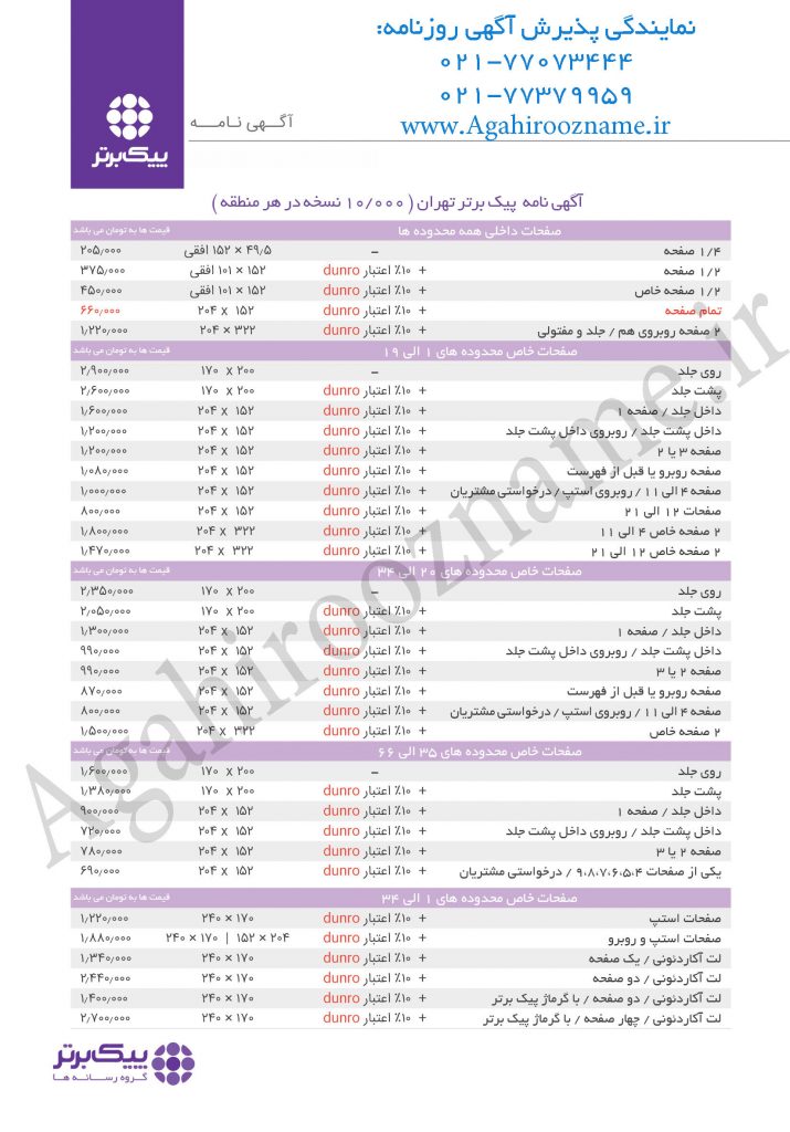 تعرفه مجله پیک برتر